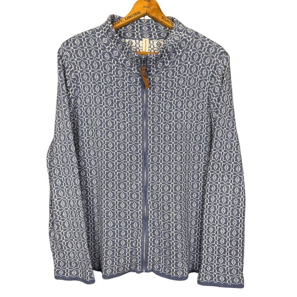 Skovhuus Organic Cotton Blue White Geometric Knit Zip Cardigan Sweater - Picture 1 of 6